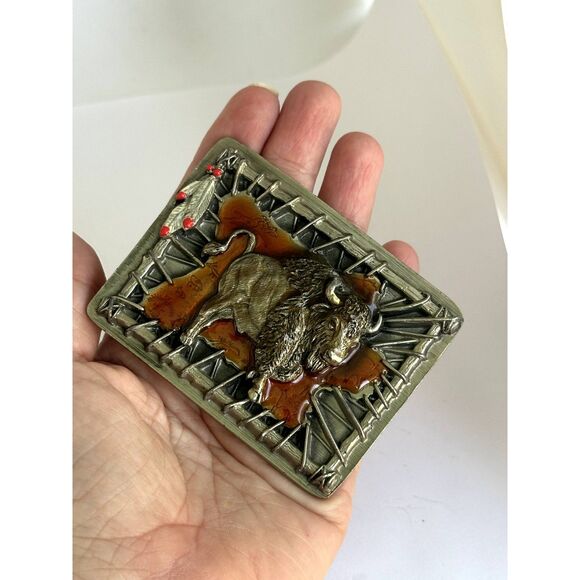 Bergamot belt buckle Silver Tone Bison Amber colored Resin - Picture 6 of 7